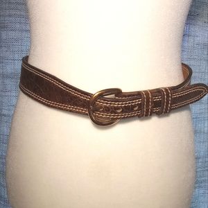 Vintage Genuine Cowhide Reptile Stamped Golden Buckle Brown Women's Belt Sz 30"